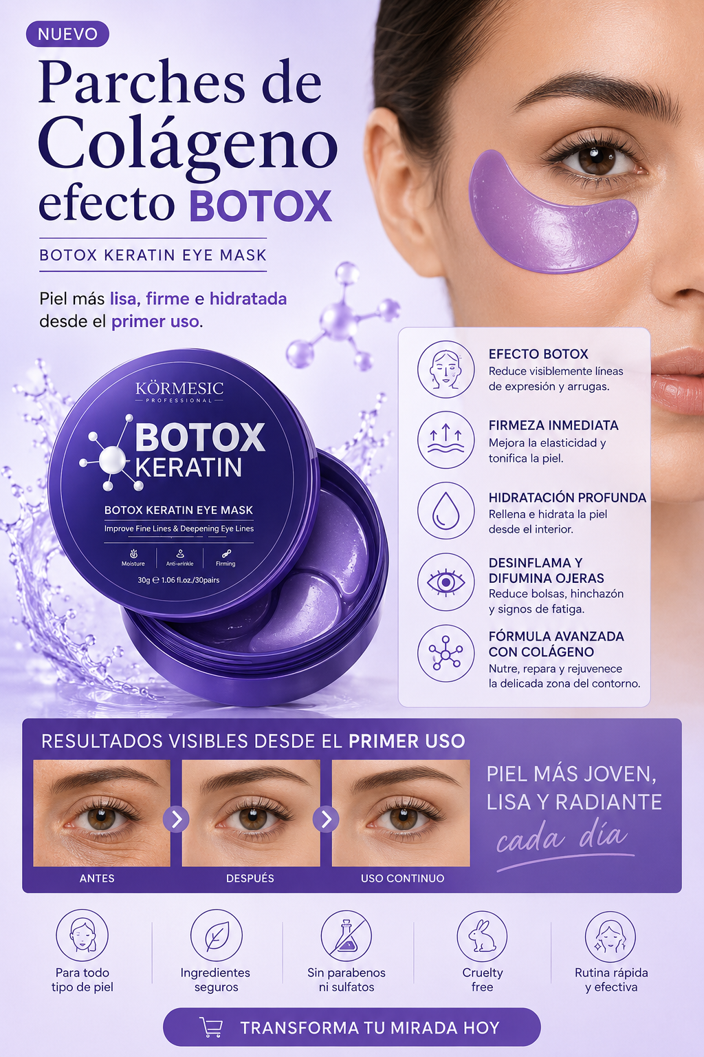Parches de Colágeno y Keratina para Ojos Efecto Botox – Hidratación Profunda, Antiedad y Luminosidad